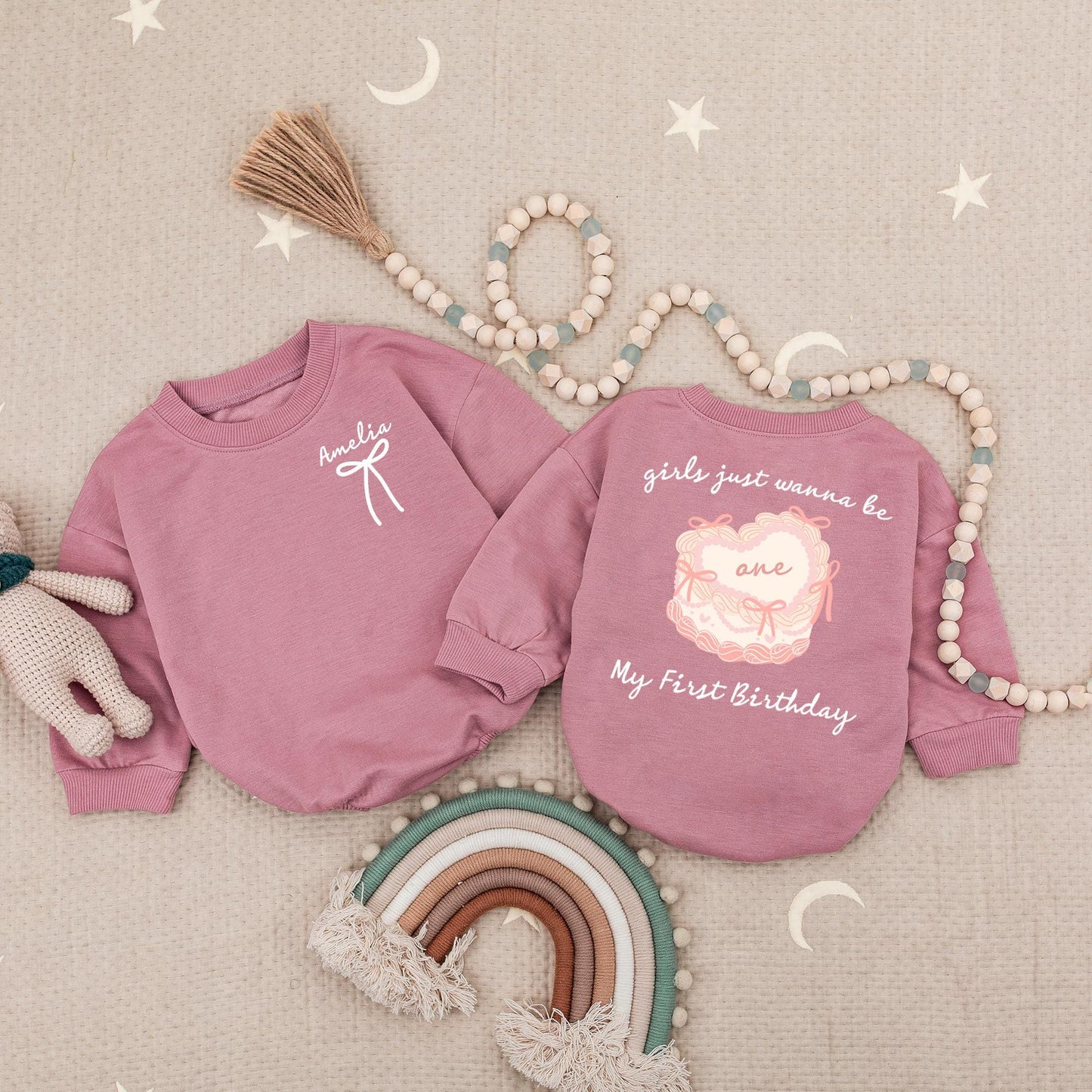 Girls Just Wanna Be One Birthday Romper Sweet Pink Swirls & Bows My First Birthday Bodysuit Adorable 1st Birthday Celebration Outfit