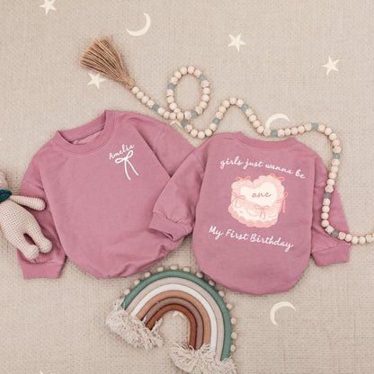 Girls Just Wanna Be One Birthday Romper Sweet Pink Swirls & Bows My First Birthday Bodysuit Adorable 1st Birthday Celebration Outfit