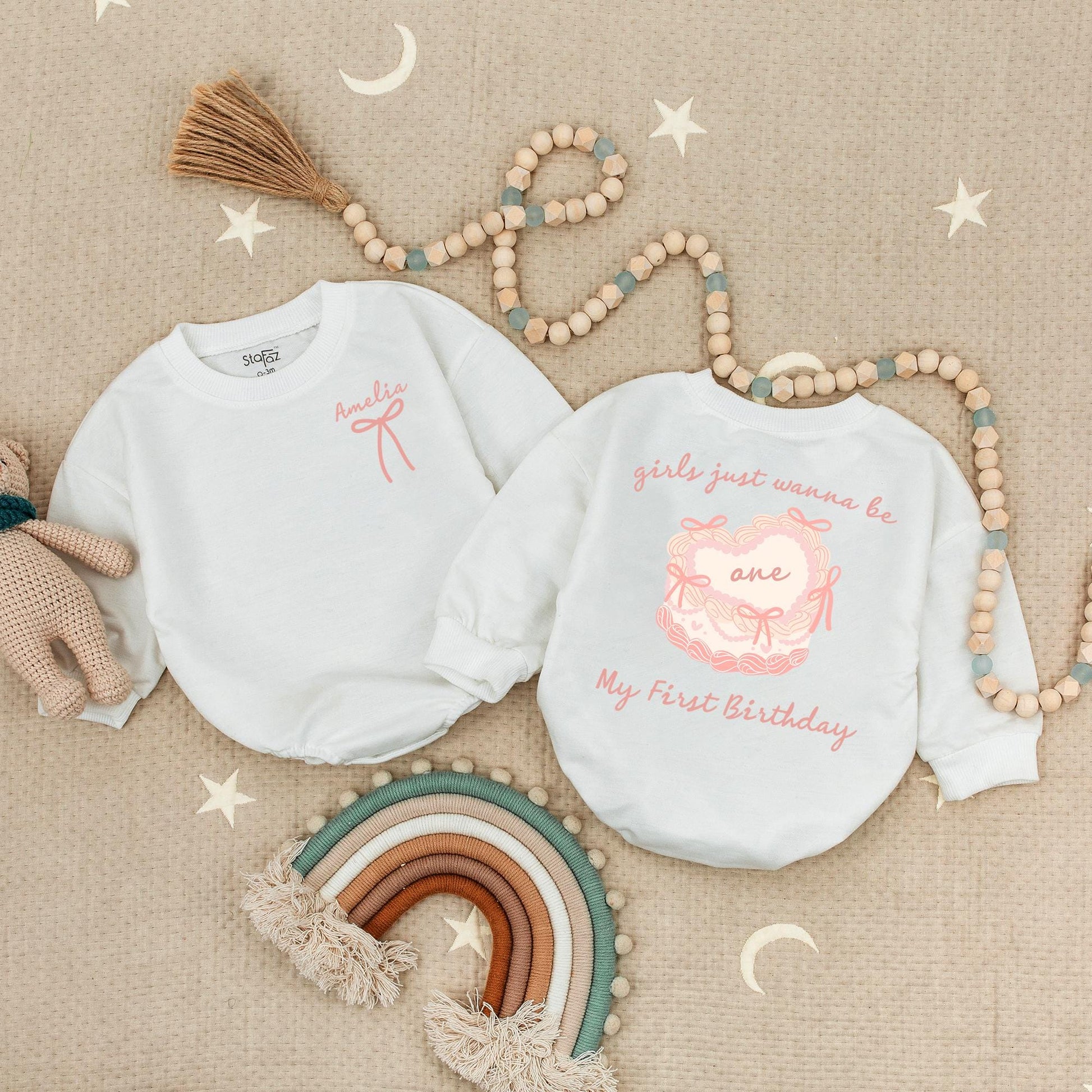 Girls Just Wanna Be One Birthday Romper Sweet Pink Swirls & Bows My First Birthday Bodysuit Adorable 1st Birthday Celebration Outfit