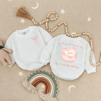 Girls Just Wanna Be One Birthday Romper Sweet Pink Swirls & Bows My First Birthday Bodysuit Adorable 1st Birthday Celebration Outfit