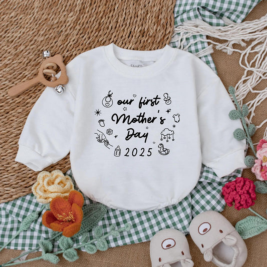 Retro Our First Mother's Day Romper Baby Girl Sleepsuit Minimalist Design New Mom Gift for Mother's Day, Comfortable Baby Clothes