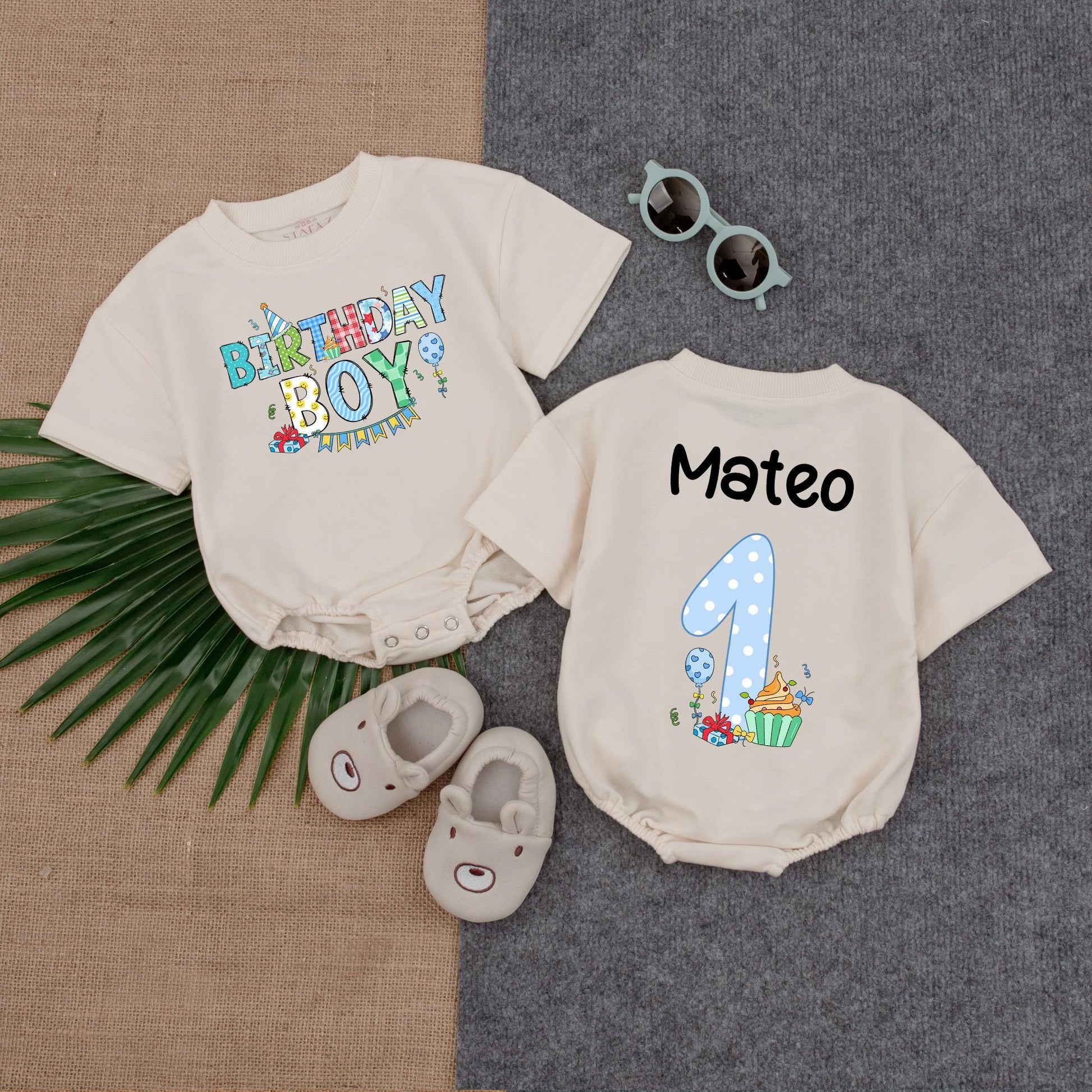 Cupcake Birthday Boy Romper, Custom Name 1st Birthday Outfit, Baby Boy Party Suit, Cute Gift
