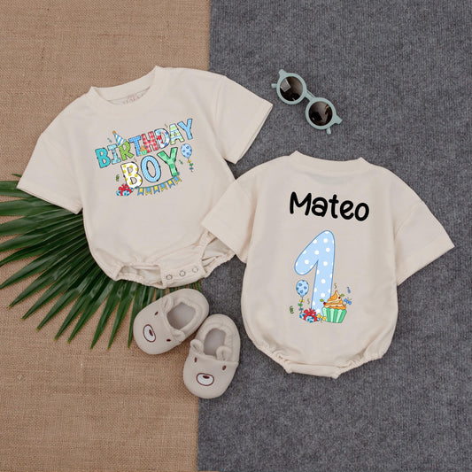 Cupcake Birthday Boy Romper, Custom Name 1st Birthday Outfit, Baby Boy Party Suit, Cute Gift