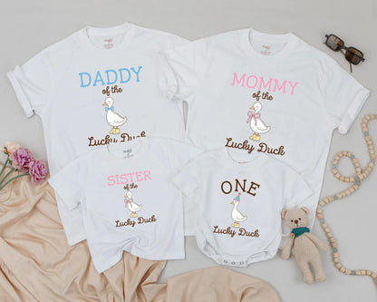 Matching Family Duck Shirts: Mommy, Daddy & Baby Outfits, One Lucky Duck Birthday Bodysuit, Farm Animal Gift for Kids