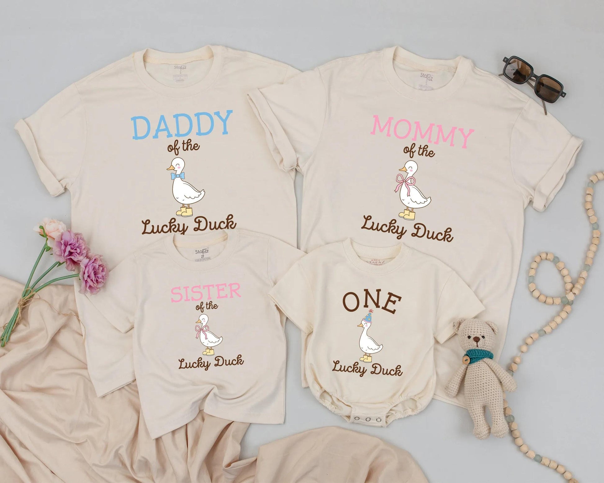 Matching Family Duck Shirts: Mommy, Daddy & Baby Outfits, One Lucky Duck Birthday Bodysuit, Farm Animal Gift for Kids