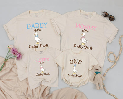 Matching Family Duck Shirts: Mommy, Daddy & Baby Outfits, One Lucky Duck Birthday Bodysuit, Farm Animal Gift for Kids