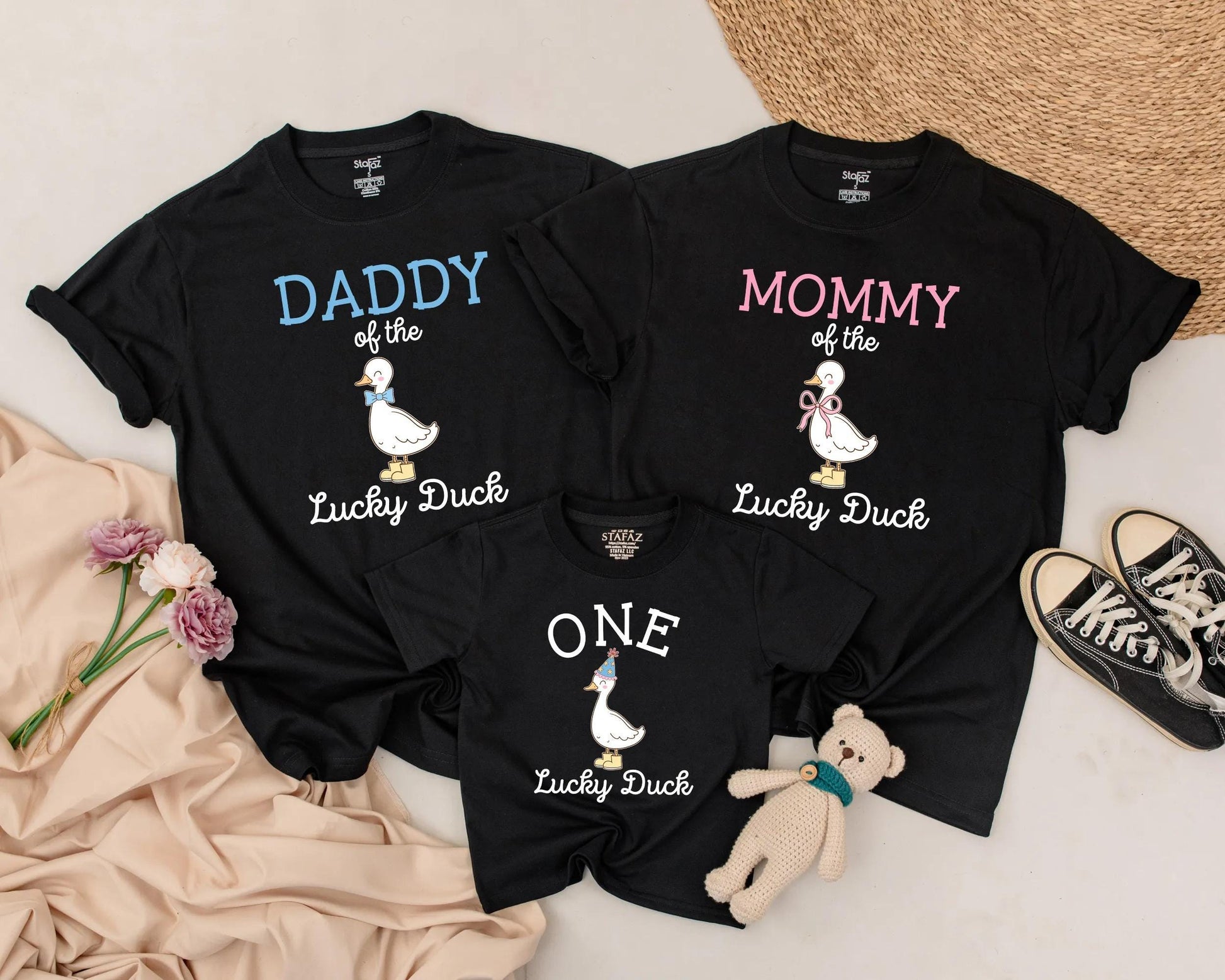 Matching Family Duck Shirts: Mommy, Daddy & Baby Outfits, One Lucky Duck Birthday Bodysuit, Farm Animal Gift for Kids