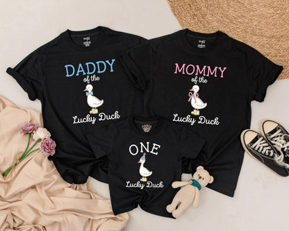 Matching Family Duck Shirts: Mommy, Daddy & Baby Outfits, One Lucky Duck Birthday Bodysuit, Farm Animal Gift for Kids