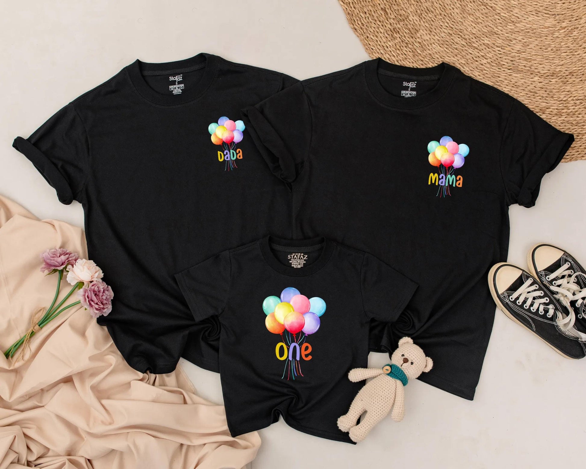 Personalized Colorful Balloon Birthday Shirt for First Birthday Custom Name Rainbow Balloons Mama Dada Sis Outfit First Birthday Gift