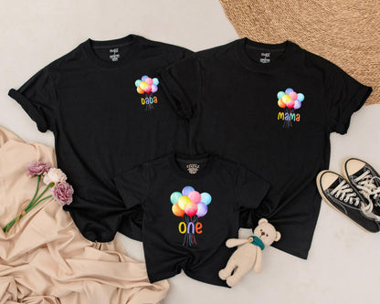 Personalized Colorful Balloon Birthday Shirt for First Birthday Custom Name Rainbow Balloons Mama Dada Sis Outfit First Birthday Gift