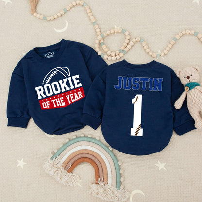 Rookie of the Year Football Baby Romper for First Birthday Celebrations Bold Blue Red Stars Playful Sports Theme Outfit