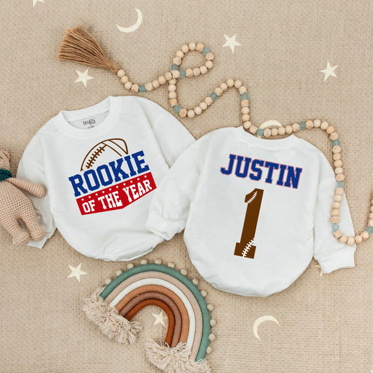 Rookie of the Year Football Baby Romper for First Birthday Celebrations Bold Blue Red Stars Playful Sports Theme Outfit