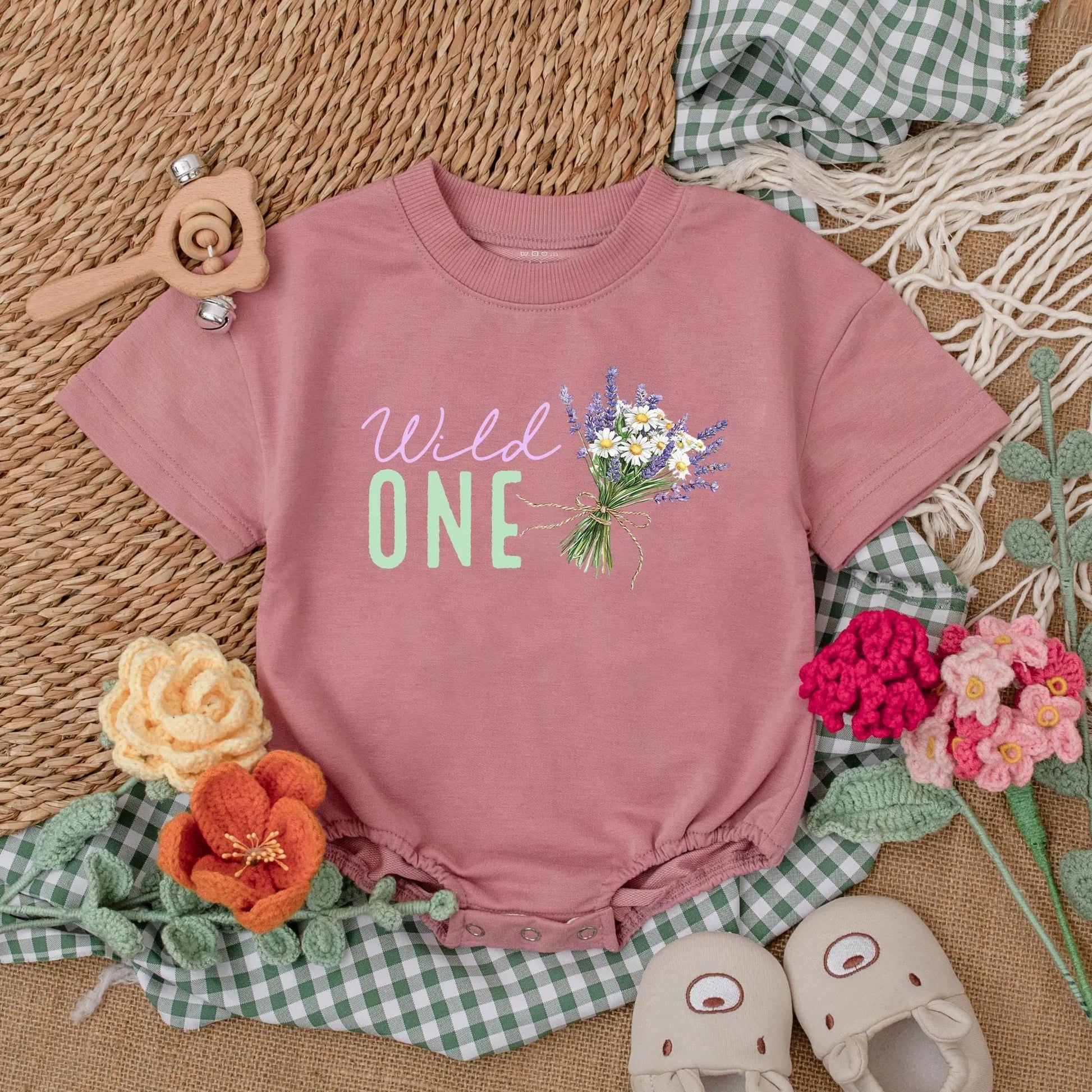 Wild One Wildflower Baby Romper Vintage Floral Bodysuit Boho First Birthday Outfit Girl's Cake Smash Clothes Little Wildflower Gift One Year Old