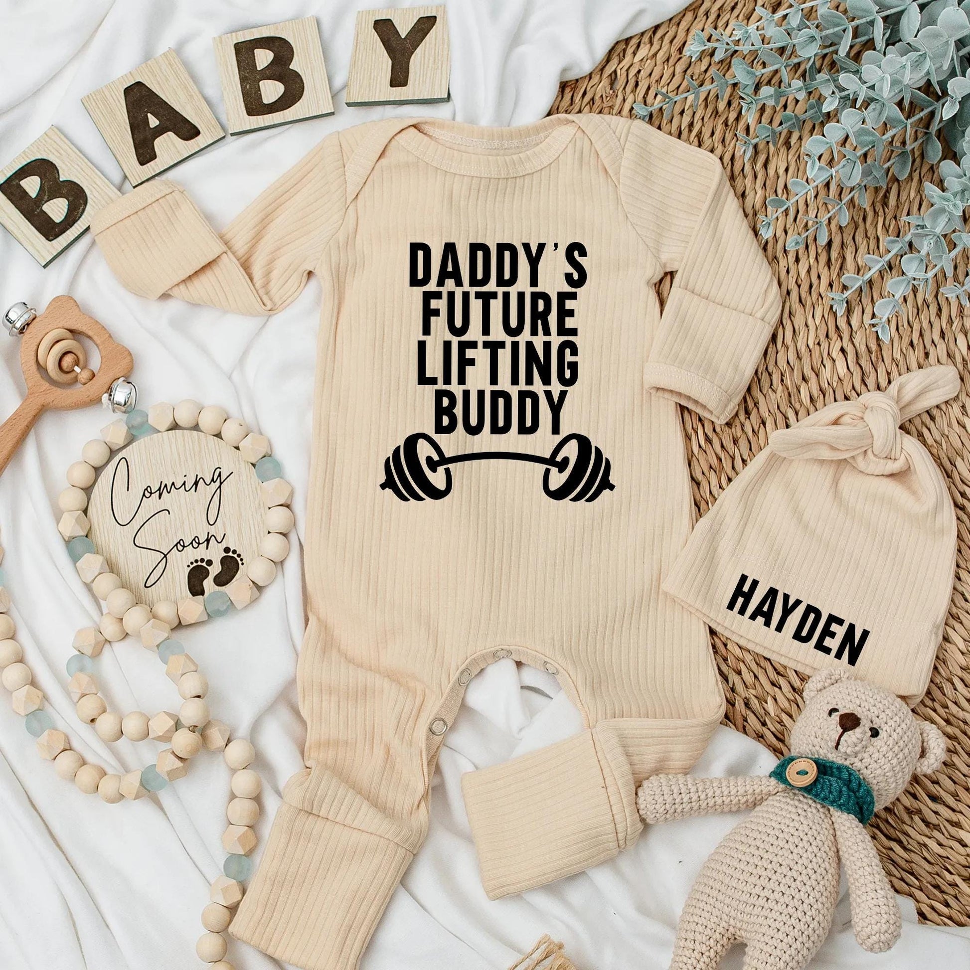 Daddy's Future Lifting Buddy Newborn Bodysuit & Hat Set Baby Boy or Girl Gift Custom Coming Home Outfit