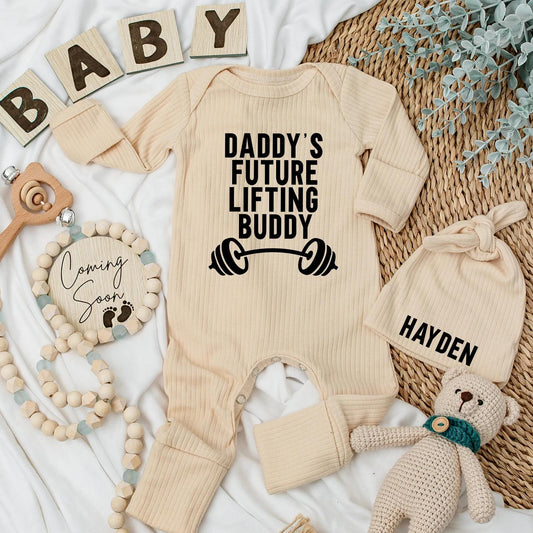 Daddy's Future Lifting Buddy Newborn Bodysuit & Hat Set Baby Boy or Girl Gift Custom Coming Home Outfit