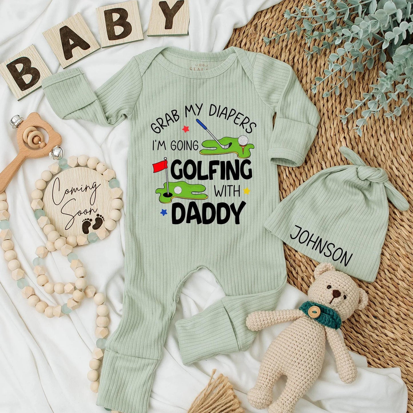 Grab My Diapers, I'm Going Golfing with Daddy Newborn Bodysuit Baby Boy Gift Coming Soon Announcement Adorable Baby Outfit