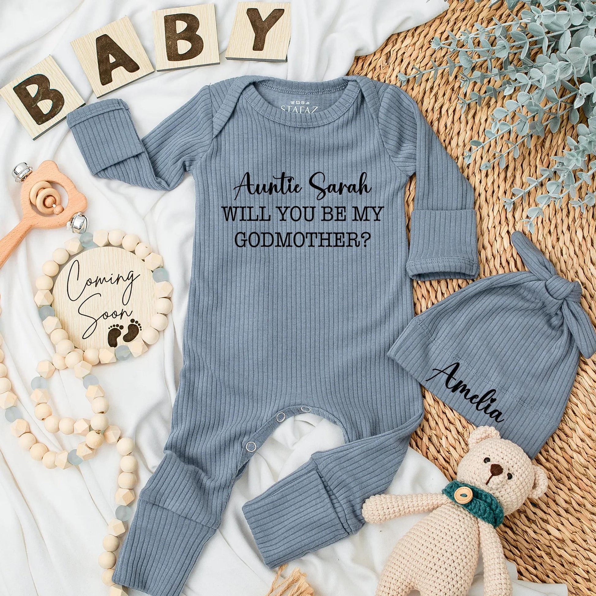 Godmother Proposal Baby Gift Set: Custom Bodysuit & Hat - Personalized Name, "Will You Be My Godmother?" Outfit, Newborn Reveal Idea Cute Auntie Present (140 chars)