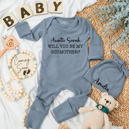 Godmother Proposal Baby Gift Set: Custom Bodysuit & Hat - Personalized Name, "Will You Be My Godmother?" Outfit, Newborn Reveal Idea Cute Auntie Present (140 chars)