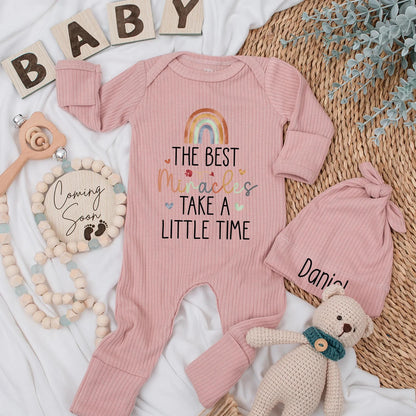 The Best Miracles Take a Little Time Custom Newborn Romper & Hat Set Baby Announcement Outfit Personalized Baby Gift