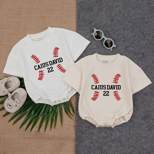 Custom Baseball T-shirt Bubble Romper for Baby's Game Day Outfit, Short Sleeve Sibling Fan Apparel for Baseball Season and Baseball Lover Gift