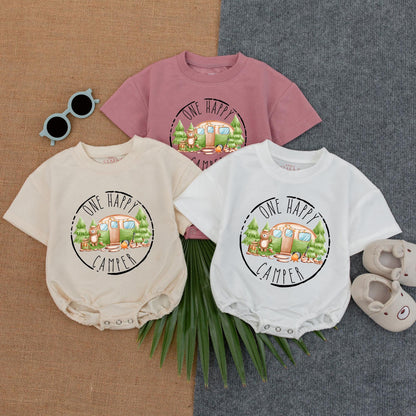 One Happy Camper Personalized Baby Romper Custom Name Bubble Outfit for Camping First Birthday Party Girl