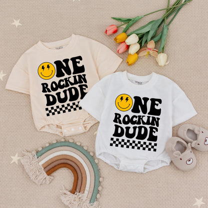 Custom Name One Rockin Dude Smiley Face Birthday Romper for Baby First Birthday Outfit Checker Pattern Fun Vibes