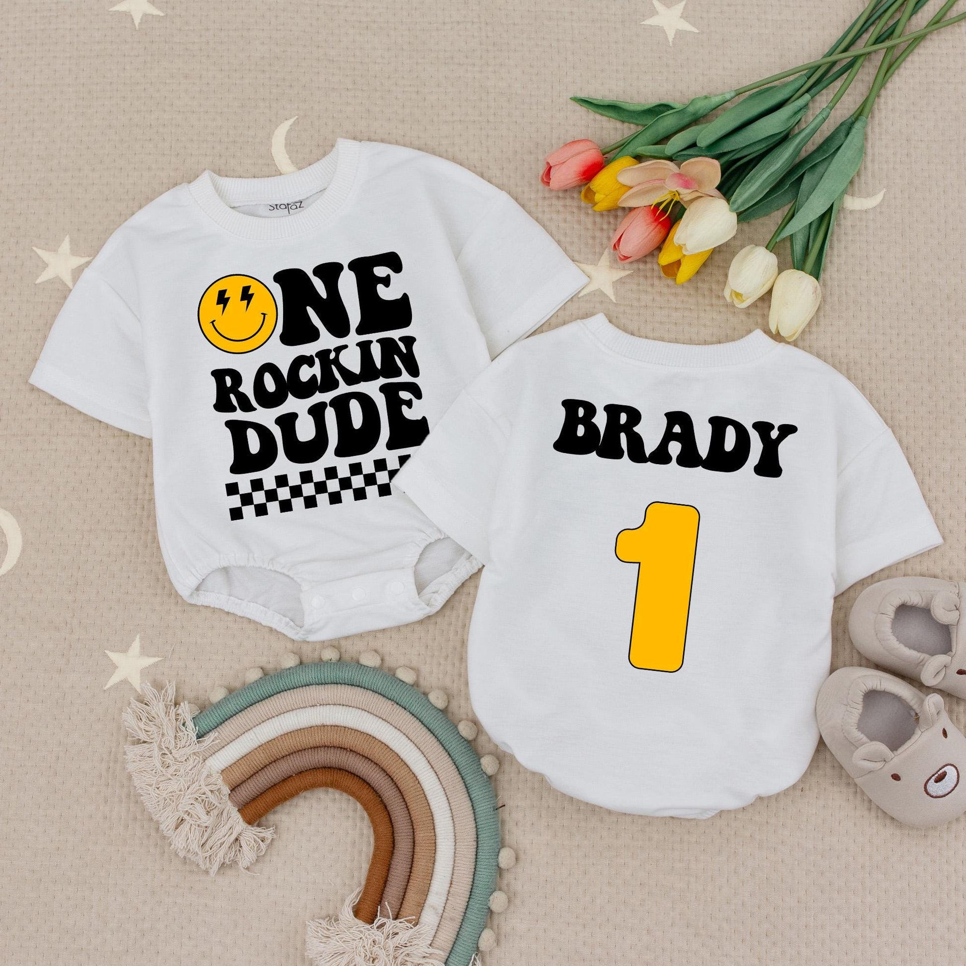 Custom Name One Rockin Dude Smiley Face Birthday Romper for Baby First Birthday Outfit Checker Pattern Fun Vibes