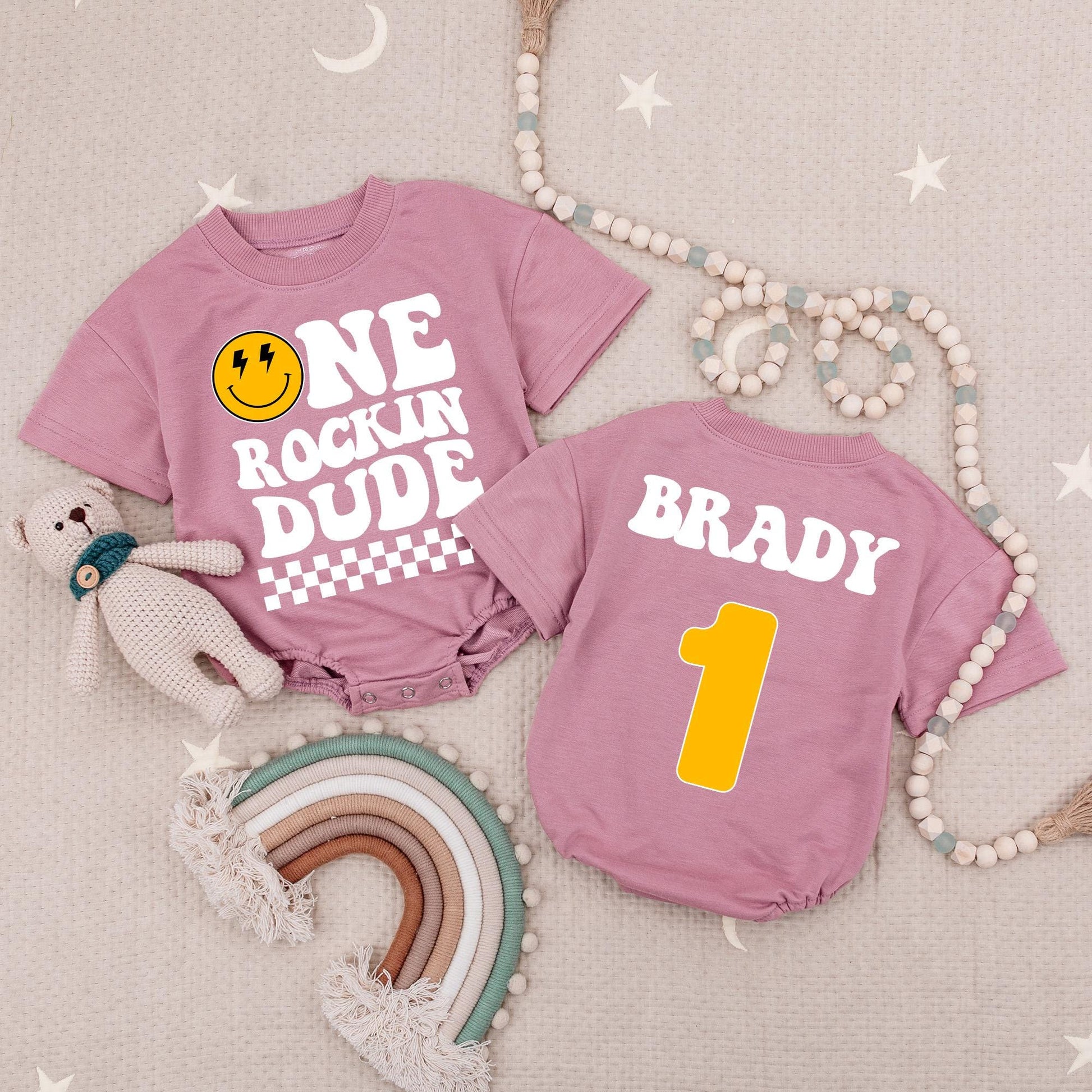 Custom Name One Rockin Dude Smiley Face Birthday Romper for Baby First Birthday Outfit Checker Pattern Fun Vibes
