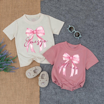 Personalized Baby Bow T Shirt Bubble Romper Sister Me Outfit Toddler Girl Gift Idea Custom Name Infant Celebration Cotton Soft