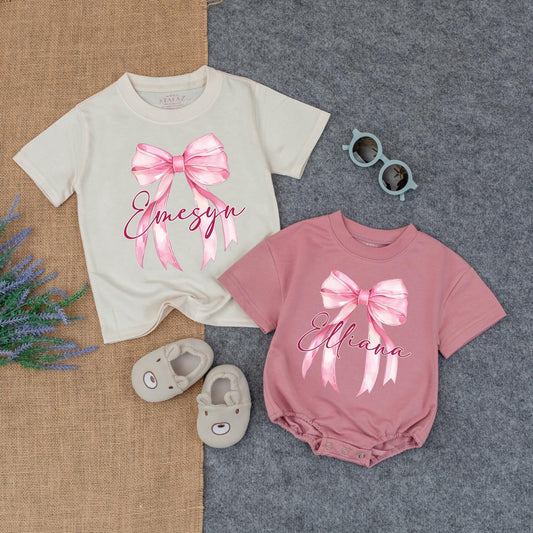 Personalized Baby Bow T Shirt Bubble Romper Sister Me Outfit Toddler Girl Gift Idea Custom Name Infant Celebration Cotton Soft