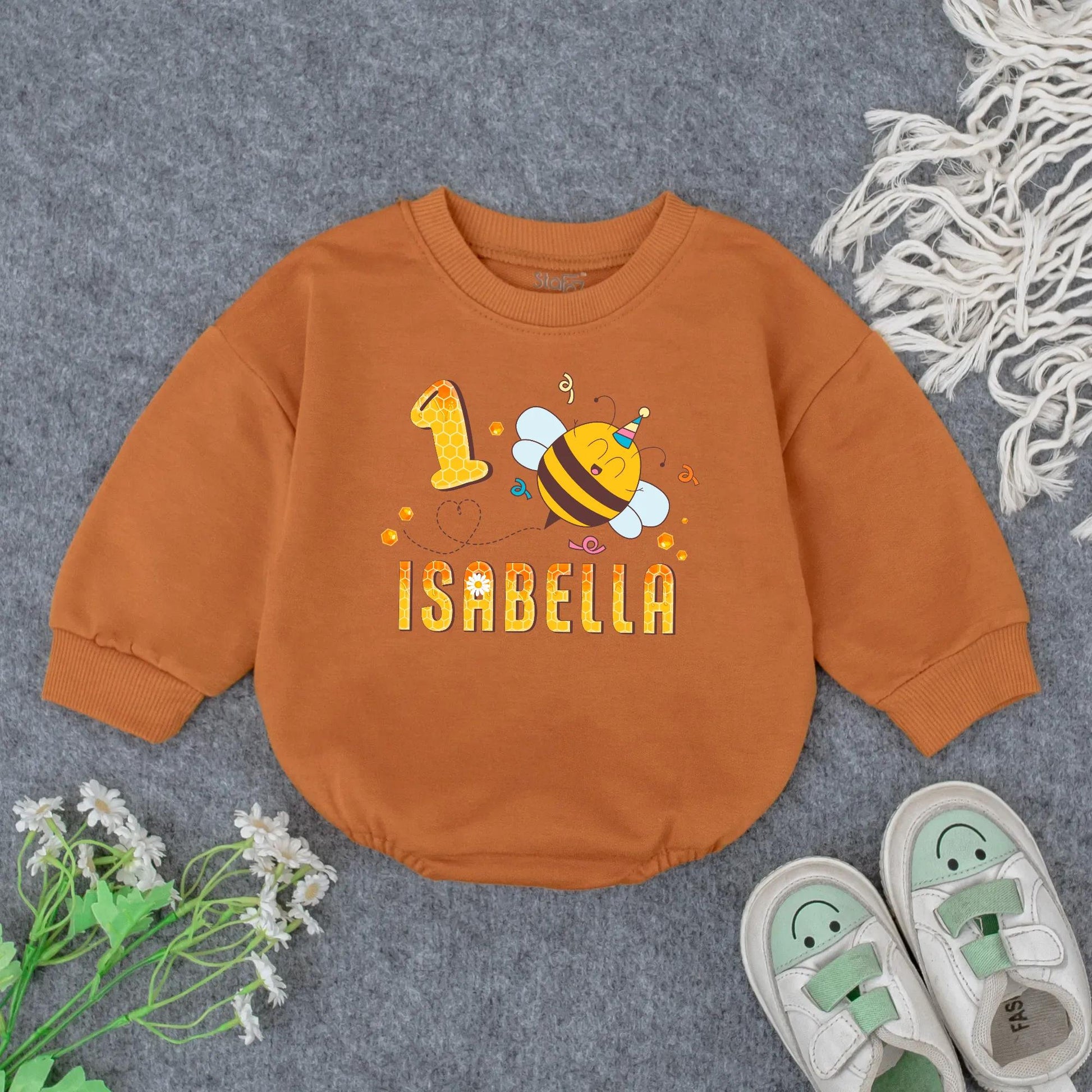 Personalized 1st Birthday Girl Romper Outfit Cute Bumblebee Honeycomb Design with Name Yellow Black Cheerful Floral Party Tee