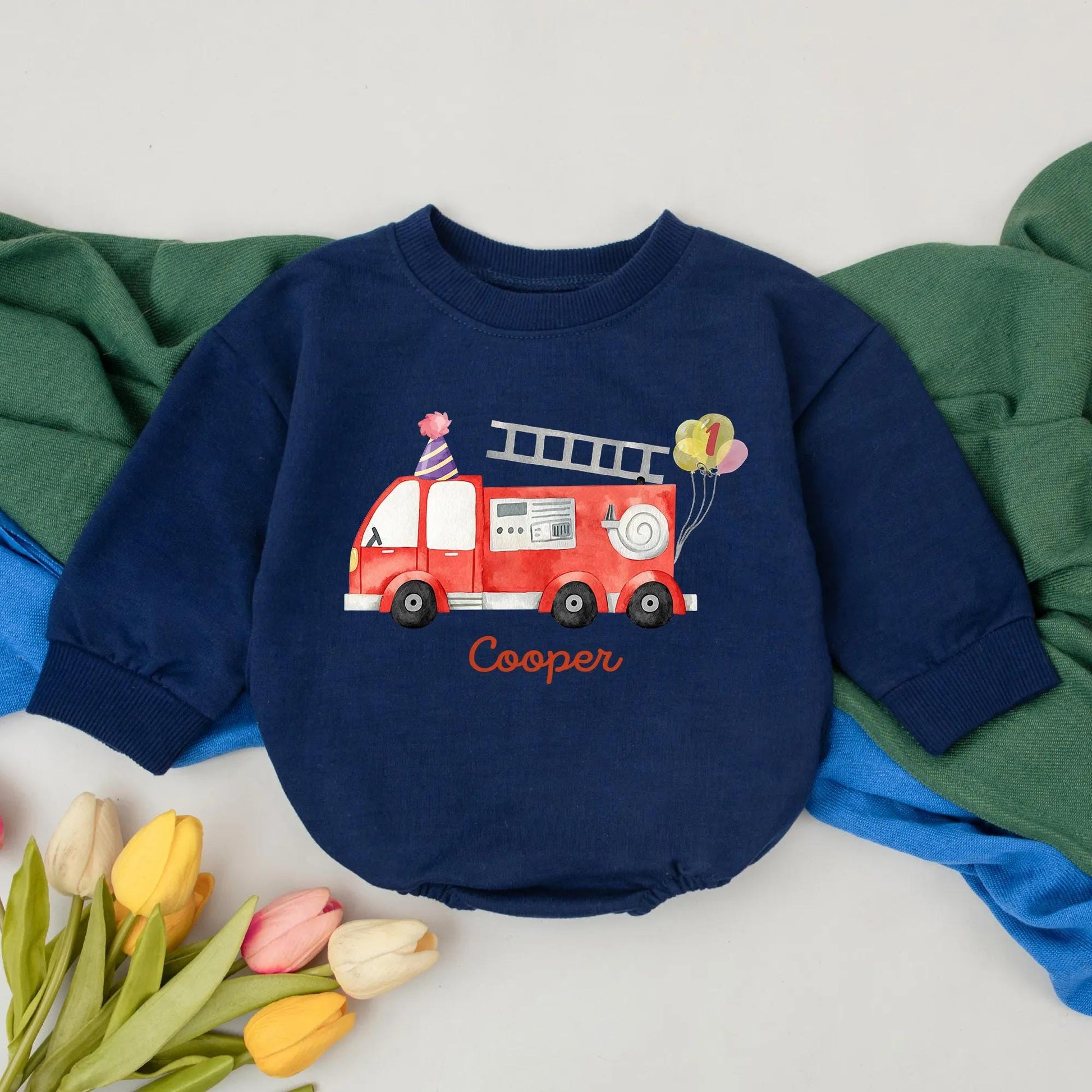 Fire Truck First Birthday Romper for Boys Custom Rescue Theme Party Outfit Toddler Fire Engine Gift