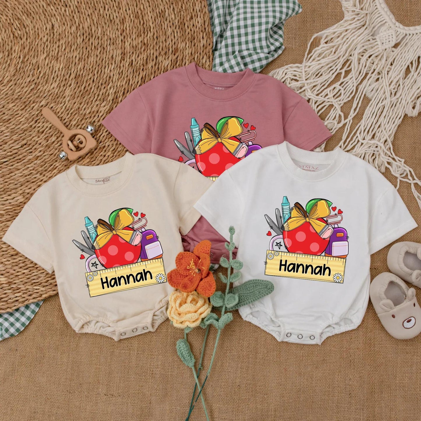 Personalized Baby Girl Apple Romper Custom Name First Day Preschool Outfit Toddler School Gift