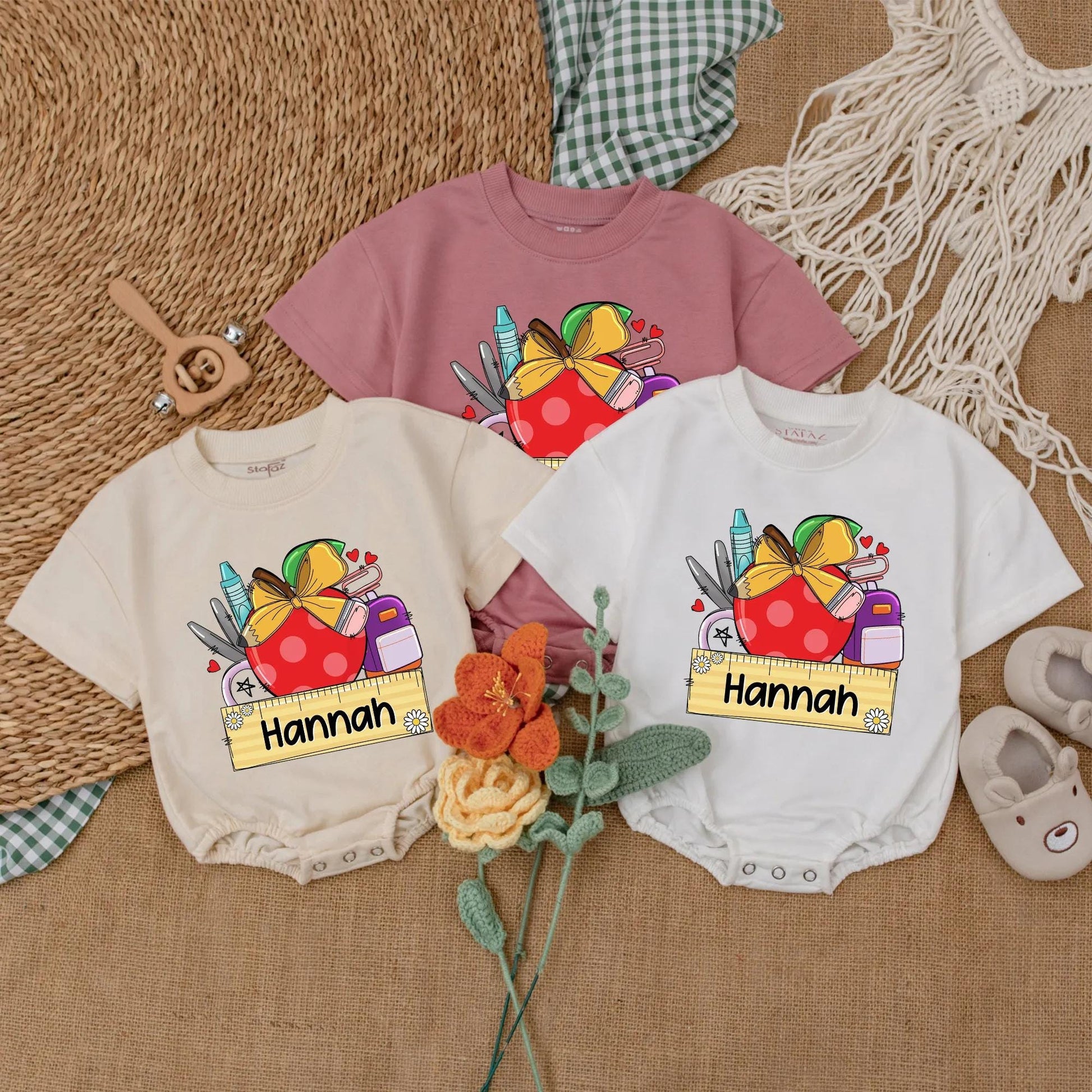 Personalized Baby Girl Apple Romper Custom Name First Day Preschool Outfit Toddler School Gift