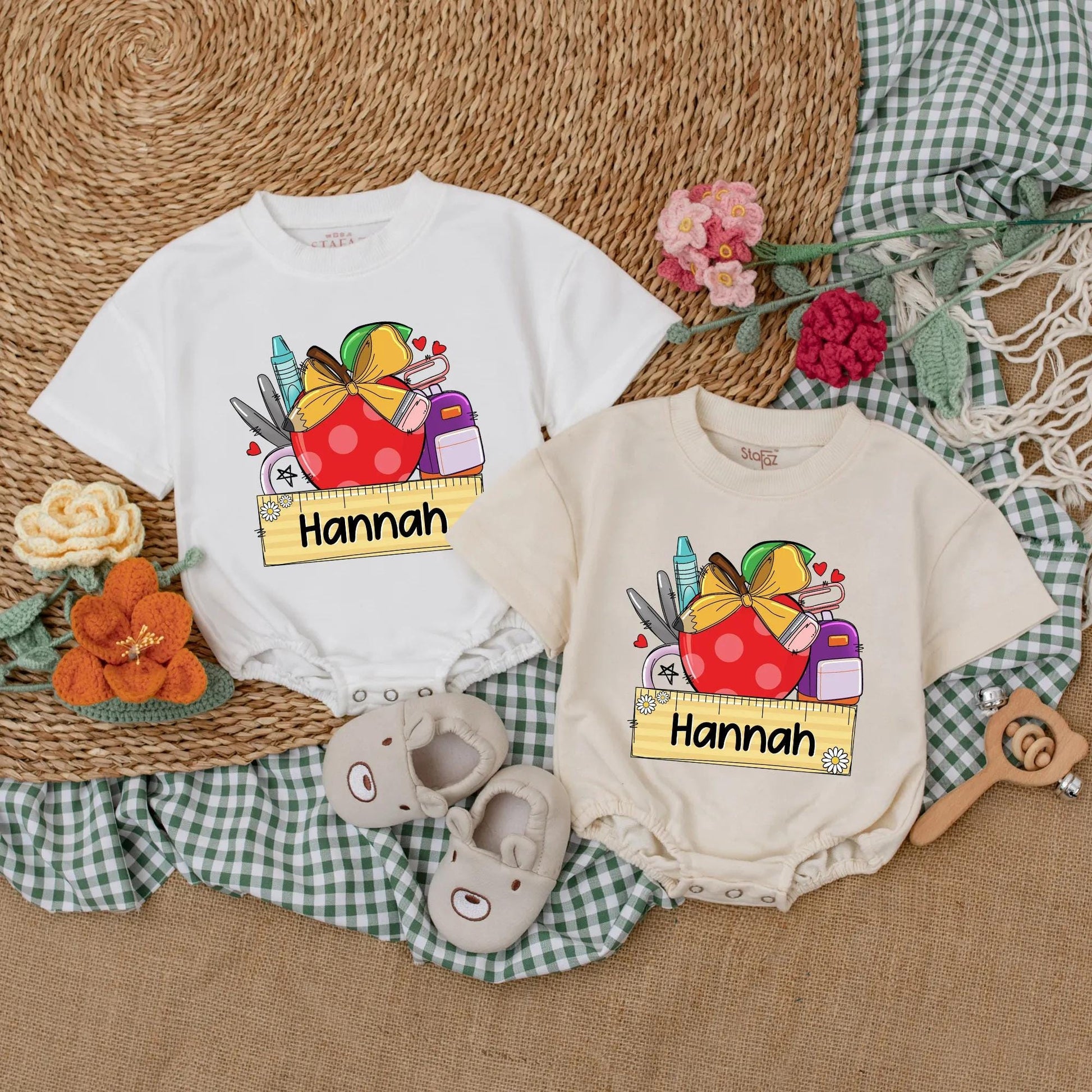 Personalized Baby Girl Apple Romper Custom Name First Day Preschool Outfit Toddler School Gift
