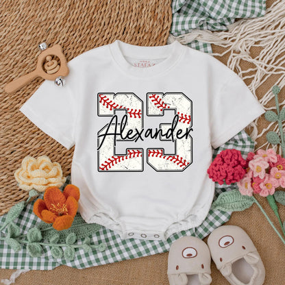 Personalized Baseball Number Baby Boy Romper with Custom Name Two Sided Short Sleeve Bodysuit Comfortable First Game Day Birthday Gift