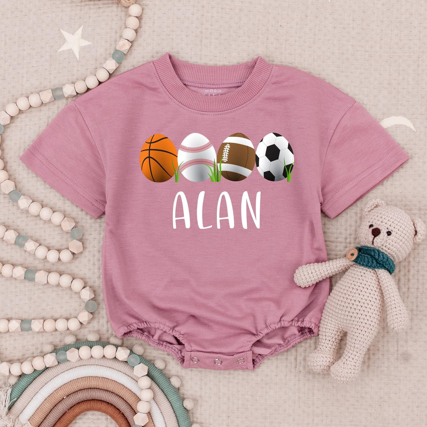 Personalized Easter Sports Romper for Baby ALAN's 1st Game Day! Cute Egg Basket Ball, Baseball, Football Outfit, Soft Short Sleeve Bodysuit Gift