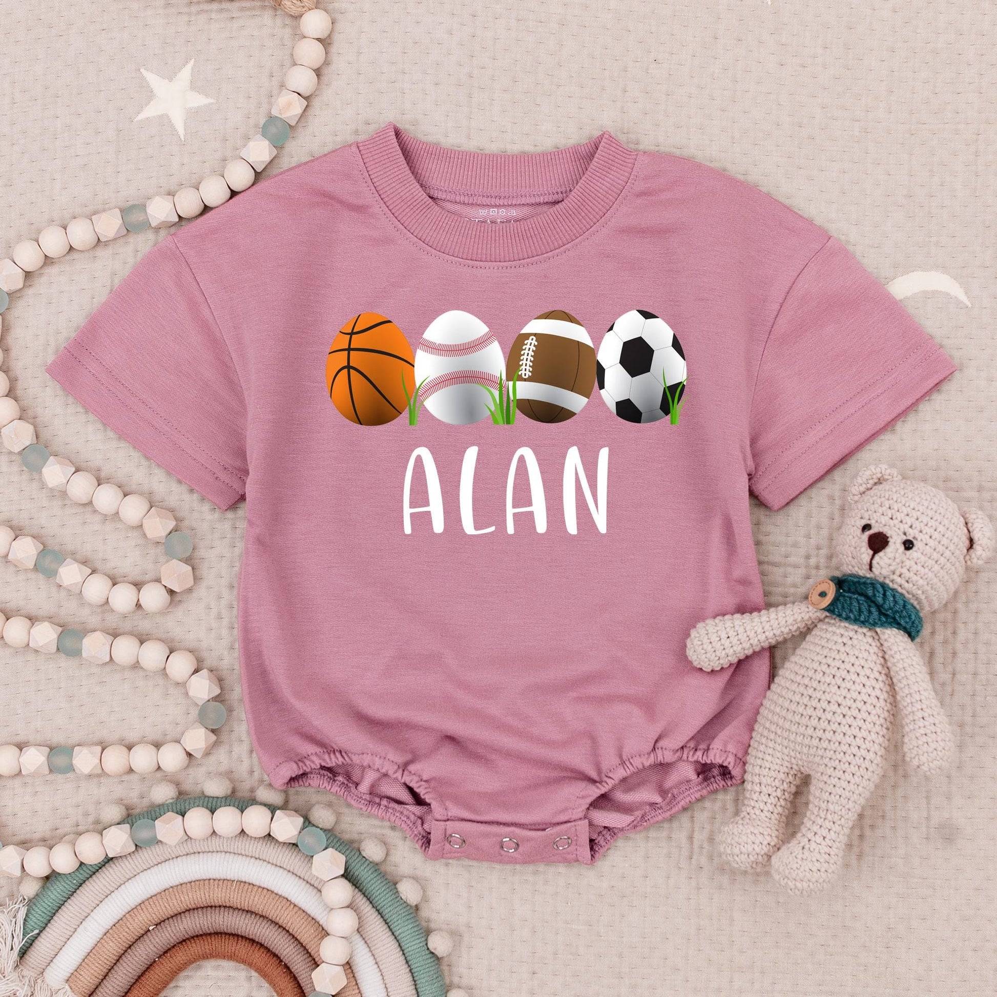 Personalized Easter Sports Romper for Baby ALAN's 1st Game Day! Cute Egg Basket Ball, Baseball, Football Outfit, Soft Short Sleeve Bodysuit Gift