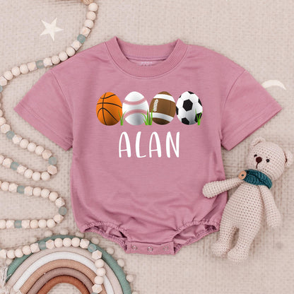 Personalized Easter Sports Romper for Baby ALAN's 1st Game Day! Cute Egg Basket Ball, Baseball, Football Outfit, Soft Short Sleeve Bodysuit Gift