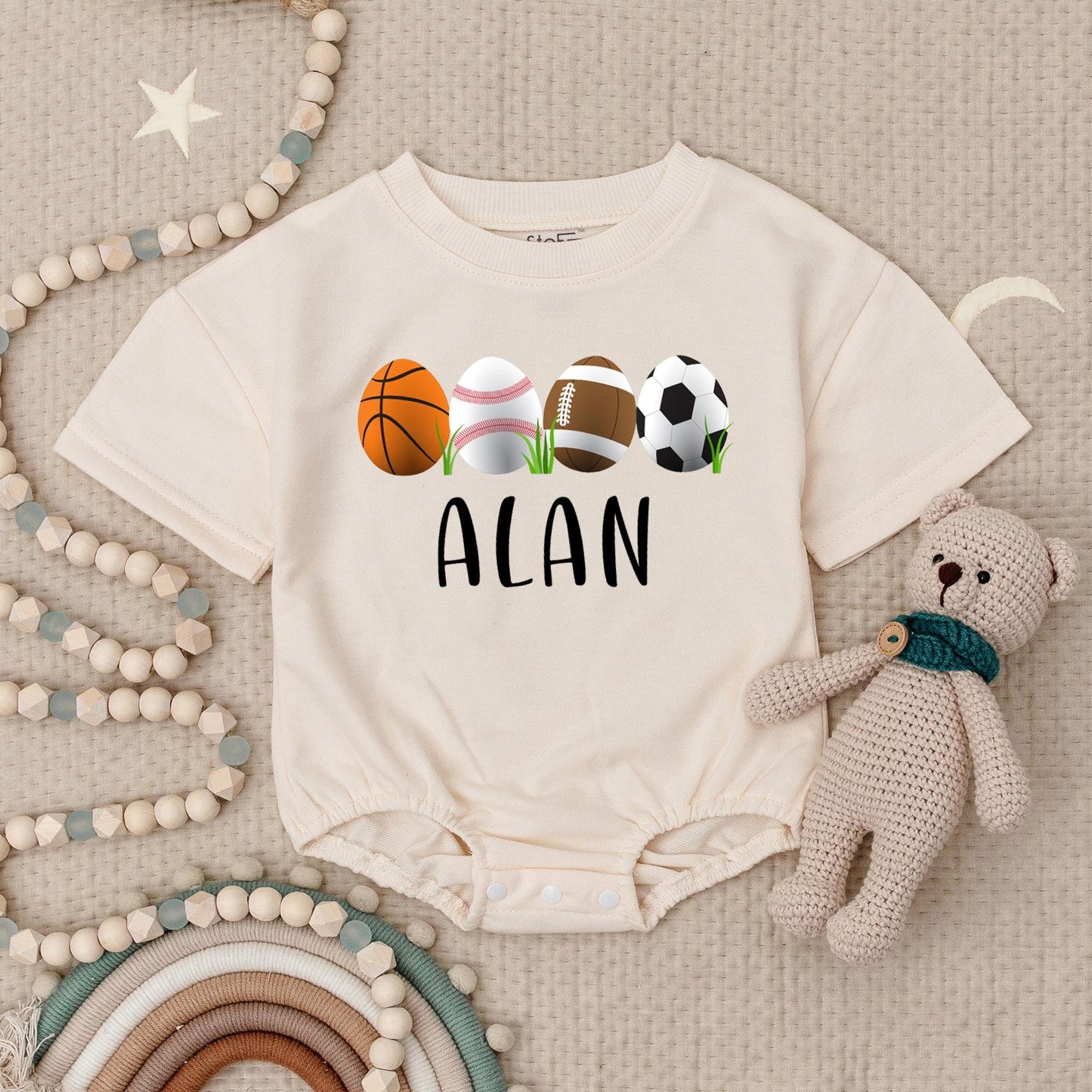 Personalized Easter Sports Romper for Baby ALAN's 1st Game Day! Cute Egg Basket Ball, Baseball, Football Outfit, Soft Short Sleeve Bodysuit Gift