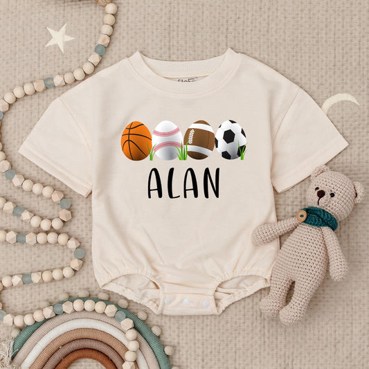 Personalized Easter Sports Romper for Baby ALAN's 1st Game Day! Cute Egg Basket Ball, Baseball, Football Outfit, Soft Short Sleeve Bodysuit Gift