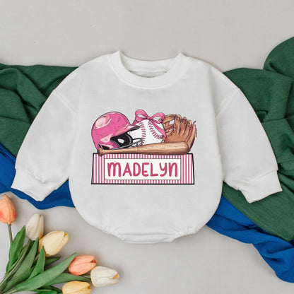 Personalized Name Baseball Girl Romper Gameday Baby Outfit, Retro Baseball Day, Custom Name Newborn Gift, Bubble Romper 1st Birthday
