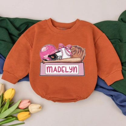 Personalized Name Baseball Girl Romper Gameday Baby Outfit, Retro Baseball Day, Custom Name Newborn Gift, Bubble Romper 1st Birthday
