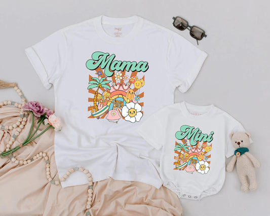 Mama and Mini Matching Shirts Mother Daughter Retro Groovy Beach Tropical Summer Family Tee Outfit Pastel Aesthetic Mother's Day Gift