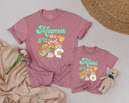 Mama and Mini Matching Shirts Mother Daughter Retro Groovy Beach Tropical Summer Family Tee Outfit Pastel Aesthetic Mother's Day Gift