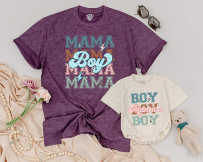 Matching Retro Mama Boy & Mama's Boy Shirts - Soft Teal Peach Lightning Bolt Design - Mommy and Me Outfit for Mother's Day & Baby Shower Gifts