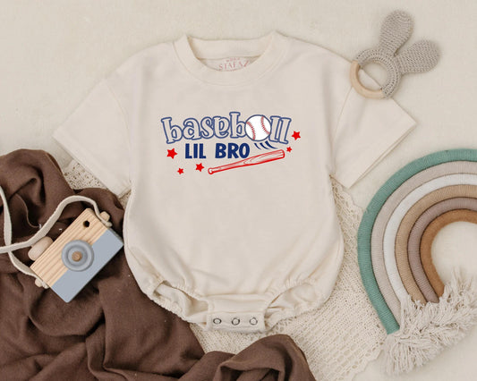 Baseball Lil Bro T-Shirt Bubble Romper Baby Boy Baseball Outfit Little Brother Sports Summer Gift for Ball Game Days