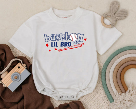 Baseball Lil Bro T-Shirt Bubble Romper Baby Boy Baseball Outfit Little Brother Sports Summer Gift for Ball Game Days