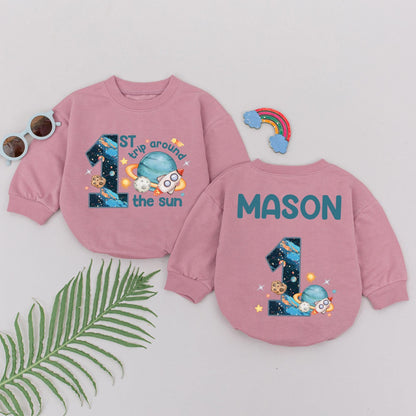First Trip Around the Sun Romper Personalized Baby Boy Space Birthday Outfit Cute Astronaut Romper Galaxy One Year Old Gift Idea