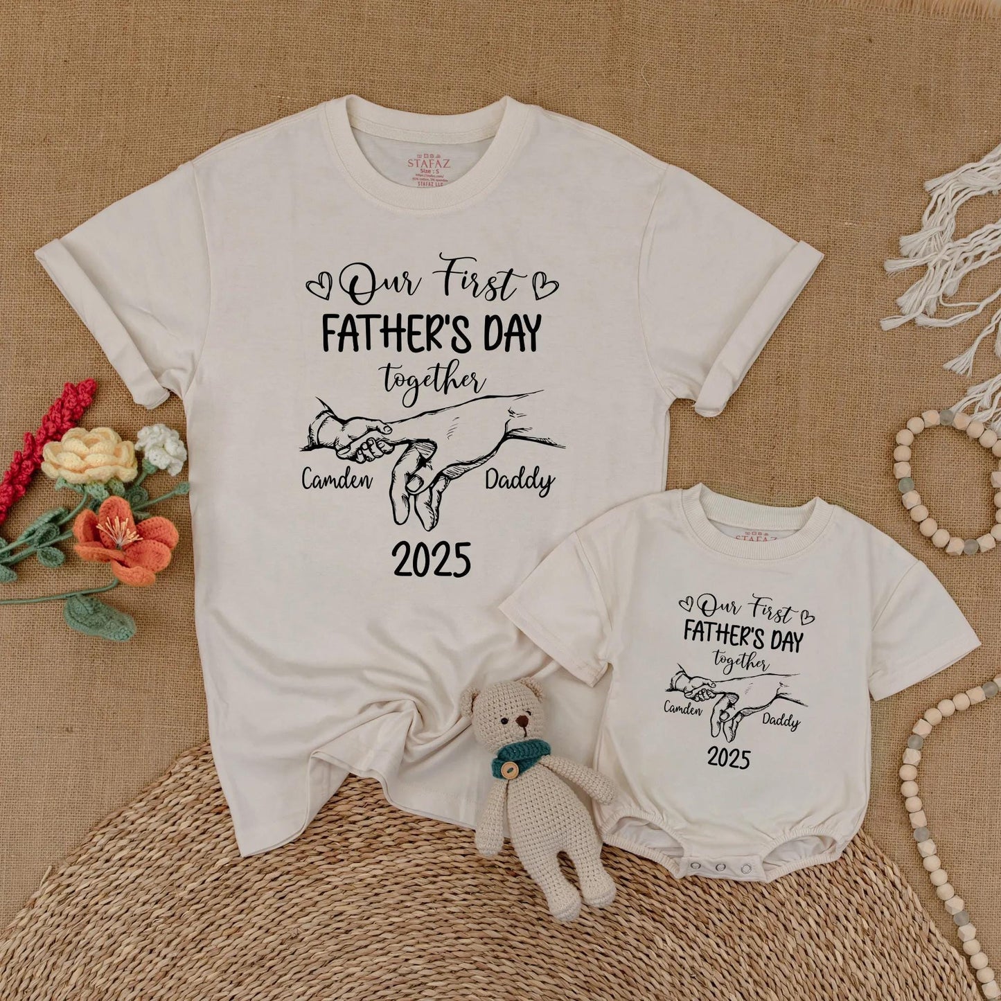 Personalized Daddy and Me First Father's Day Matching Bubble Romper and Shirt Custom Names New Dad Gift Outfit